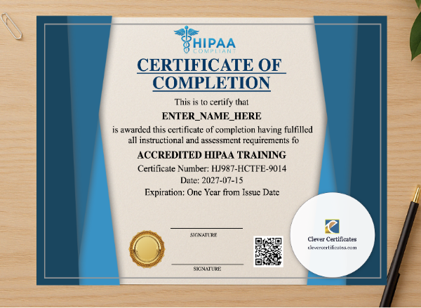 Professional preview of HIPAA Training Certificate Landscape certificate on high-quality stationery paper, ideal for showcasing the final look.