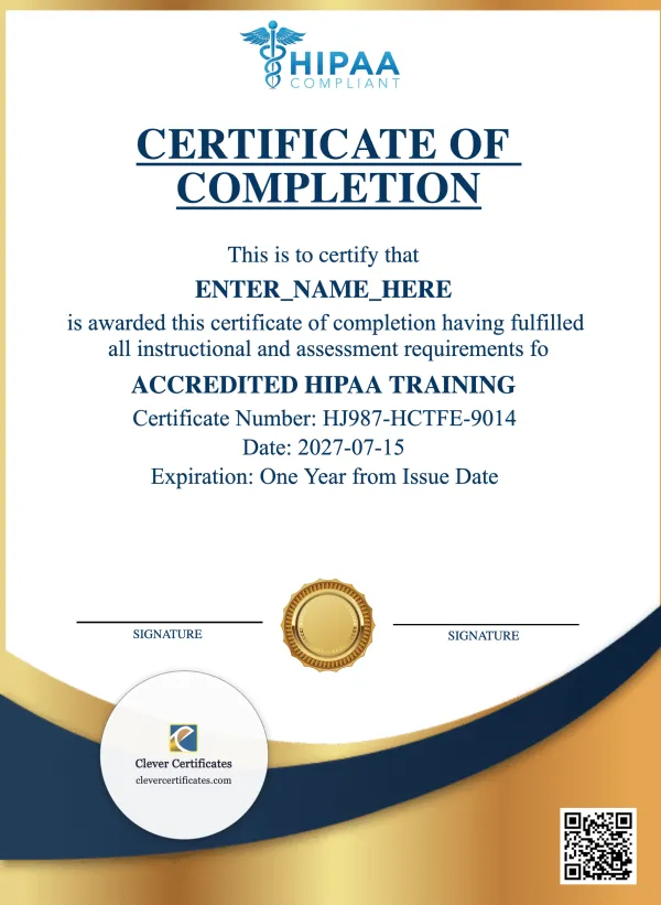 HIPAA Training Certificate Portrait — Certificate Template Preview
