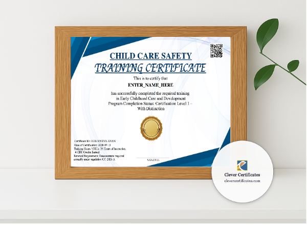 Realistic mockup featuring Childcare Training Certificate displayed within a modern frame, set against a minimalistic background.