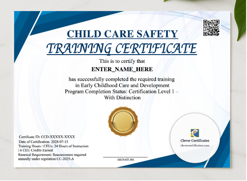 Childcare Training Certificate presented in a sleek wooden frame, elegantly arranged on a stylish table.