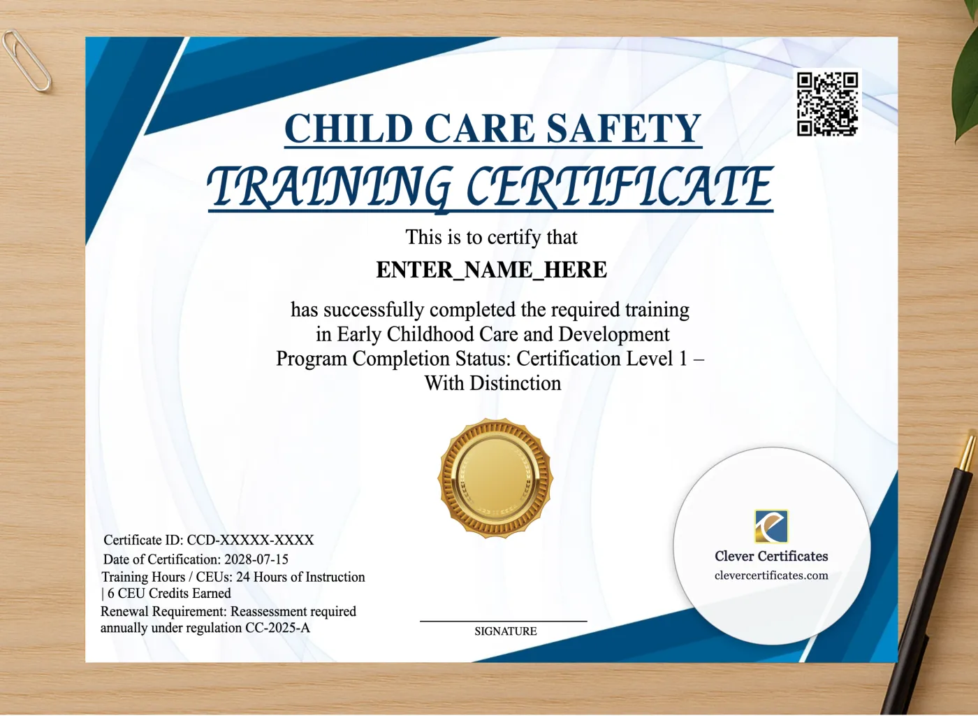 Professional preview of Childcare Training Certificate certificate on high-quality stationery paper, ideal for showcasing the final look.