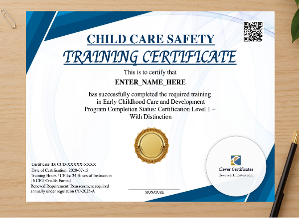 Professional preview of Childcare Training Certificate certificate on high-quality stationery paper, ideal for showcasing the final look.