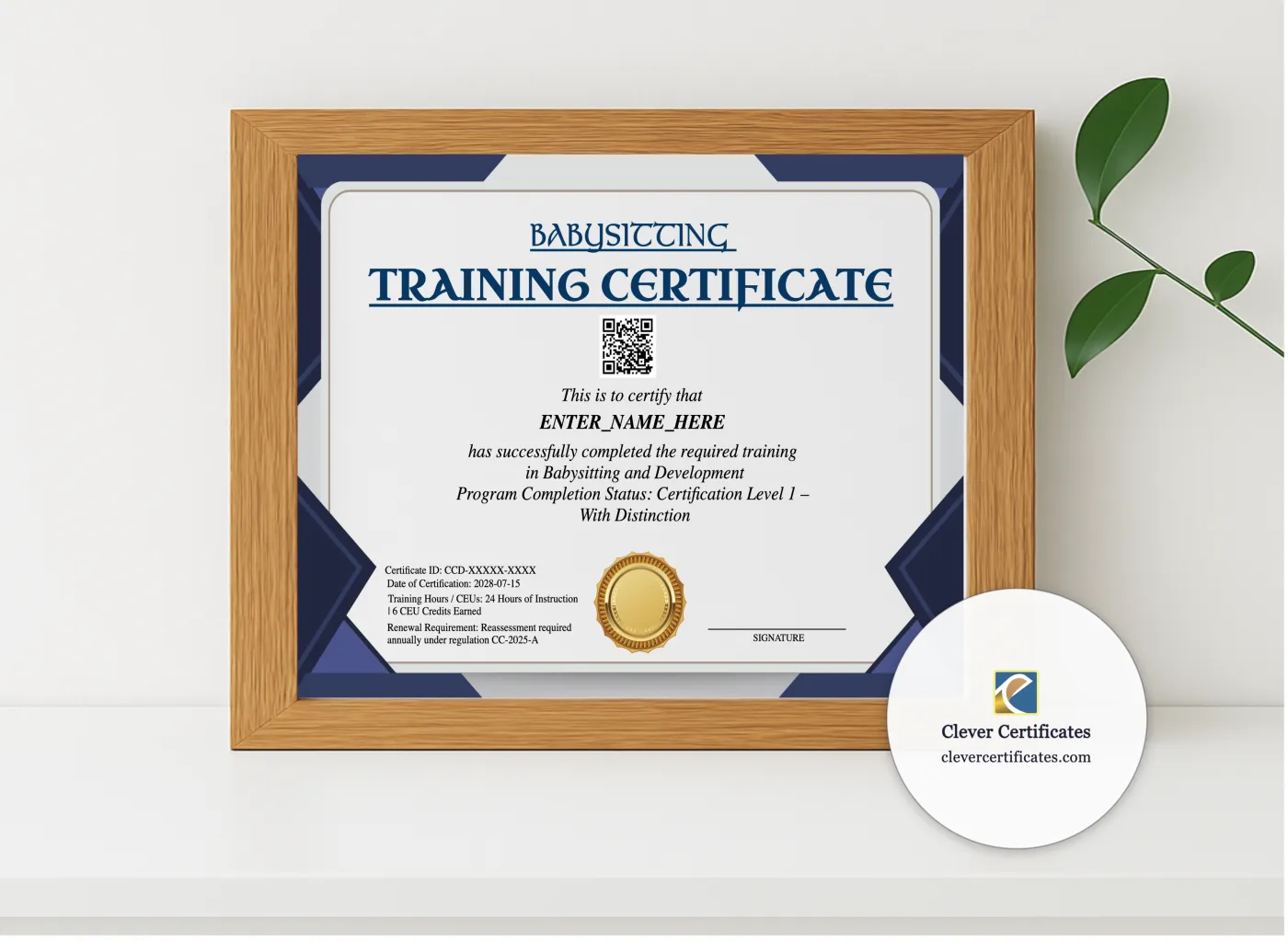 Realistic mockup featuring Babysitting Certification Certificate displayed within a modern frame, set against a minimalistic background.