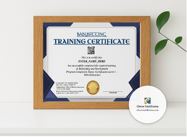 Realistic mockup featuring Babysitting Certification Certificate displayed within a modern frame, set against a minimalistic background.