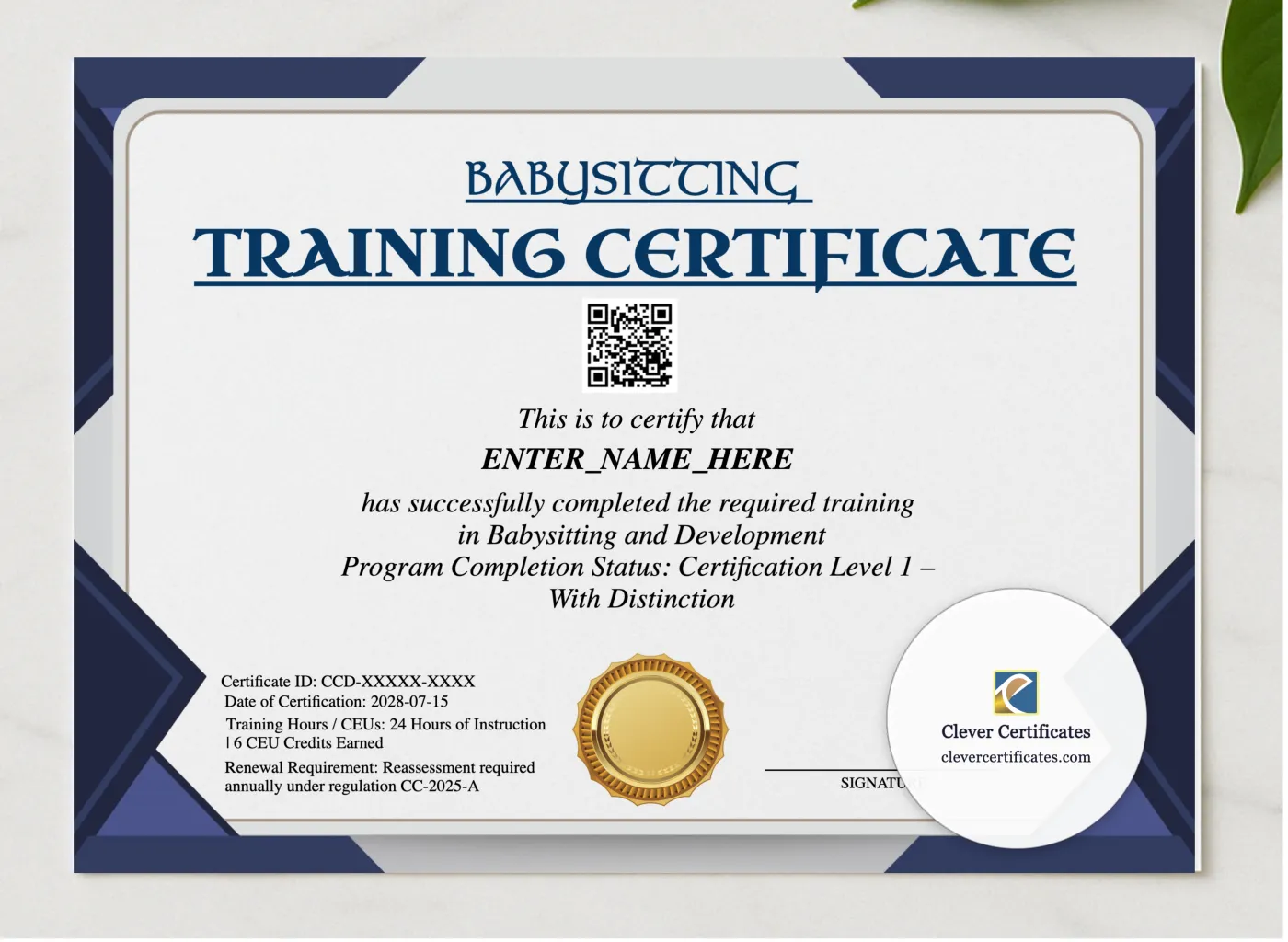 Babysitting Certification Certificate presented in a sleek wooden frame, elegantly arranged on a stylish table.