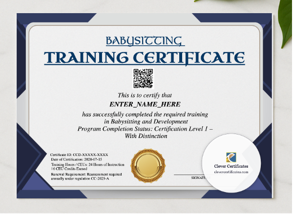 Babysitting Certification Certificate presented in a sleek wooden frame, elegantly arranged on a stylish table.