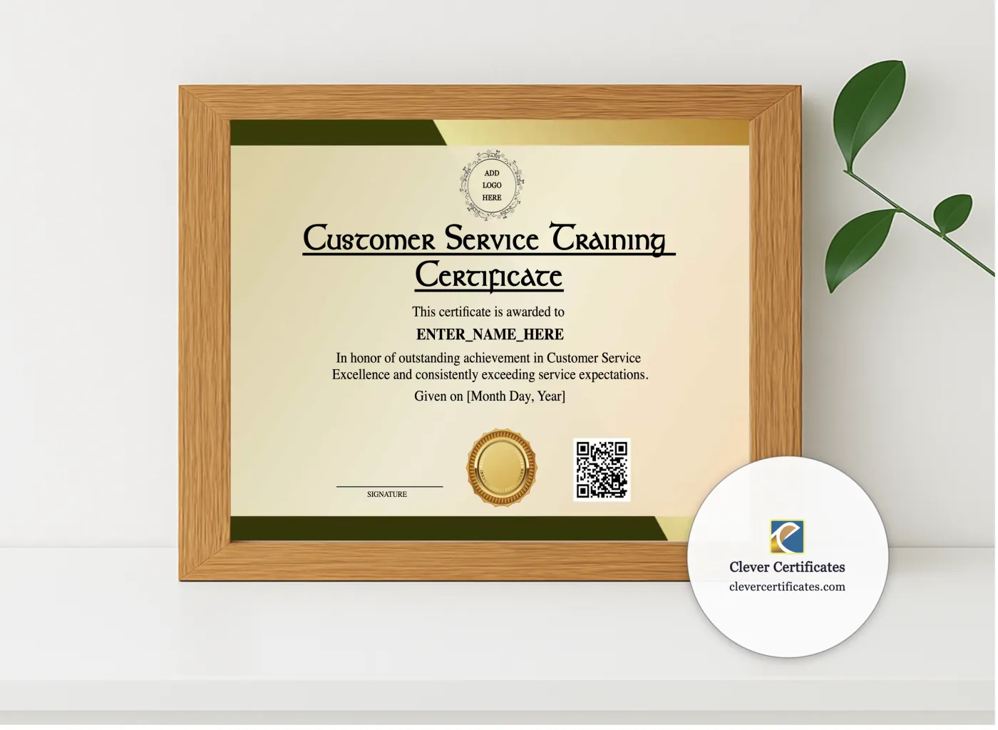 Realistic mockup featuring Customer Service Training Certificate displayed within a modern frame, set against a minimalistic background.