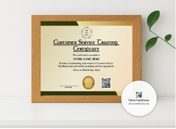 Realistic mockup featuring Customer Service Training Certificate displayed within a modern frame, set against a minimalistic background.
