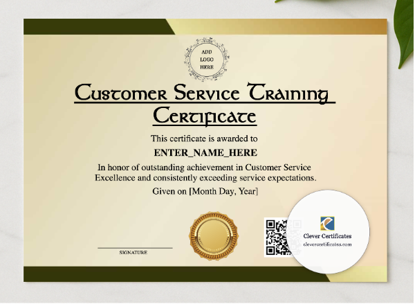 Customer Service Training Certificate presented in a sleek wooden frame, elegantly arranged on a stylish table.