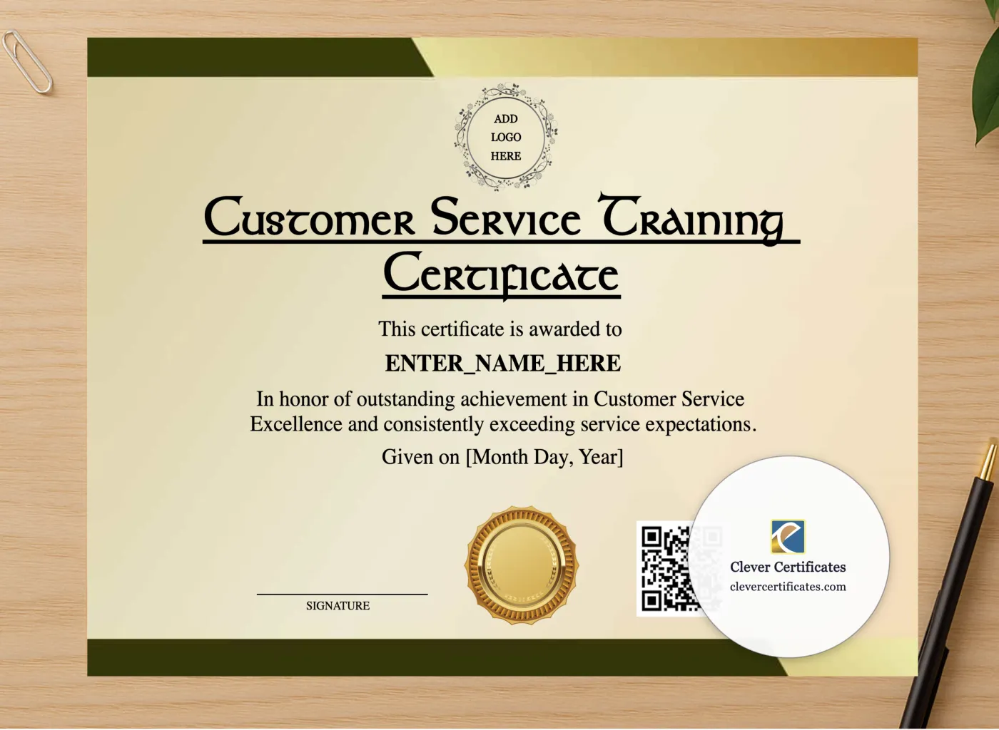 Professional preview of Customer Service Training Certificate certificate on high-quality stationery paper, ideal for showcasing the final look.