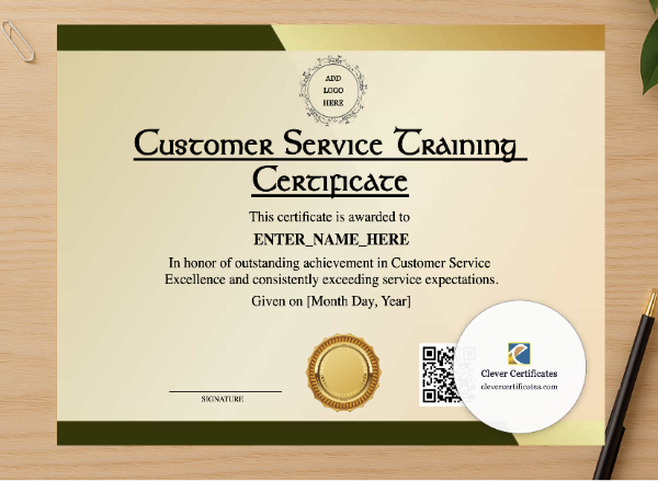 Professional preview of Customer Service Training Certificate certificate on high-quality stationery paper, ideal for showcasing the final look.