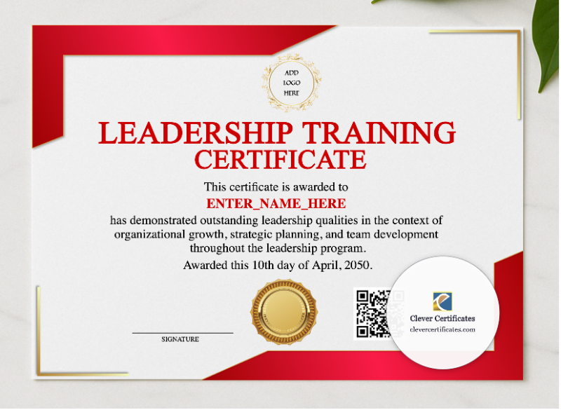 Leadership Training Certificate presented in a sleek wooden frame, elegantly arranged on a stylish table.