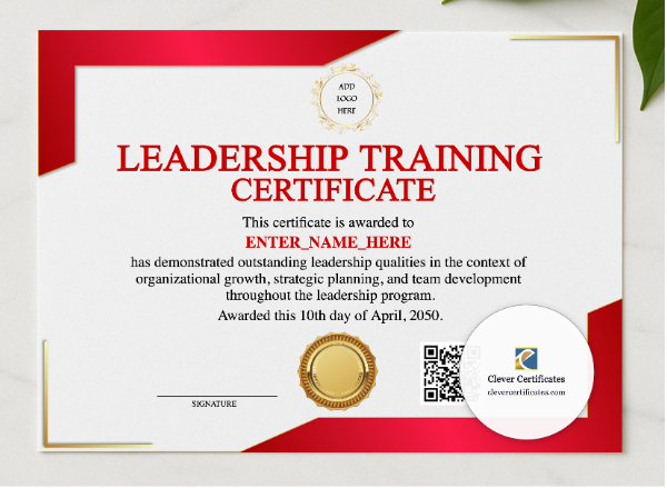 Leadership Training Certificate presented in a sleek wooden frame, elegantly arranged on a stylish table.