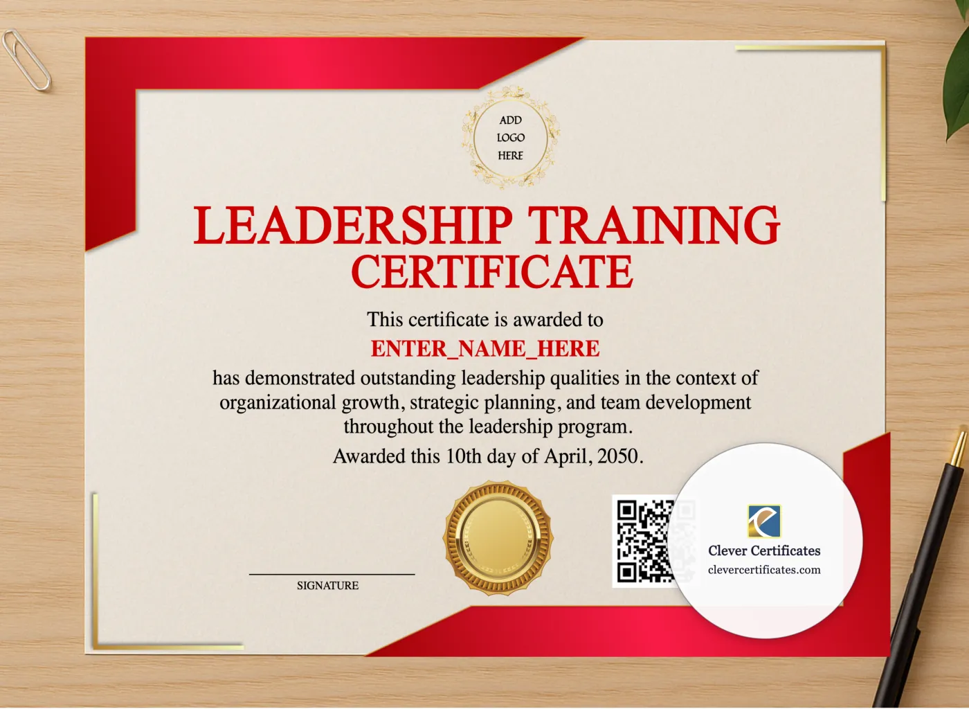 Professional preview of Leadership Training Certificate certificate on high-quality stationery paper, ideal for showcasing the final look.