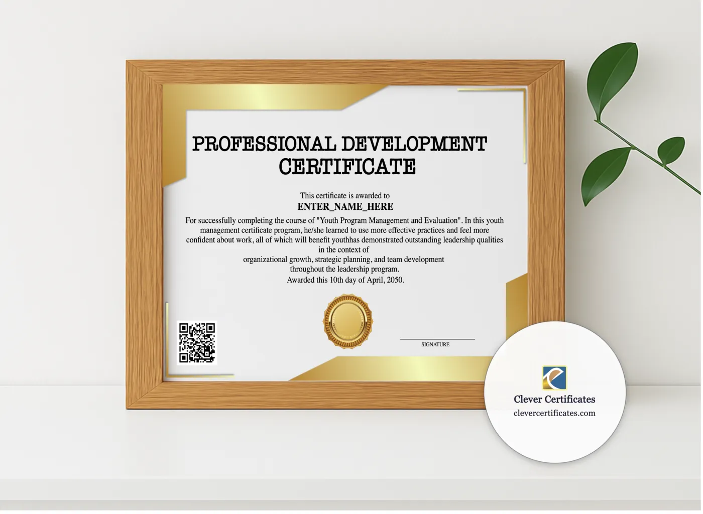 Realistic mockup featuring Professional Development Certificate Landscape displayed within a modern frame, set against a minimalistic background.