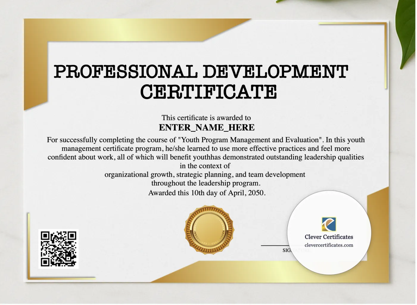 Professional Development Certificate Landscape presented in a sleek wooden frame, elegantly arranged on a stylish table.