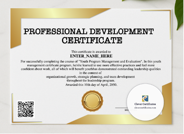 Professional Development Certificate Landscape presented in a sleek wooden frame, elegantly arranged on a stylish table.