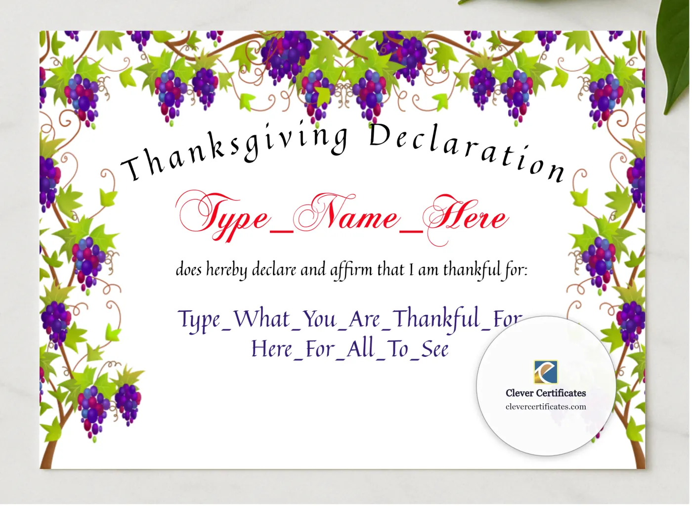Thanksgiving Declaration presented in a sleek wooden frame, elegantly arranged on a stylish table.