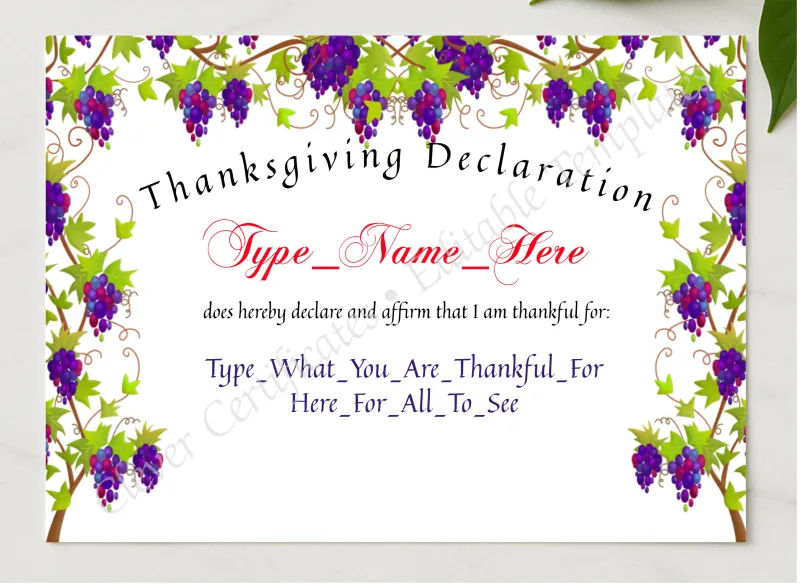 Thanksgiving Declaration presented in a sleek wooden frame, elegantly arranged on a stylish table.