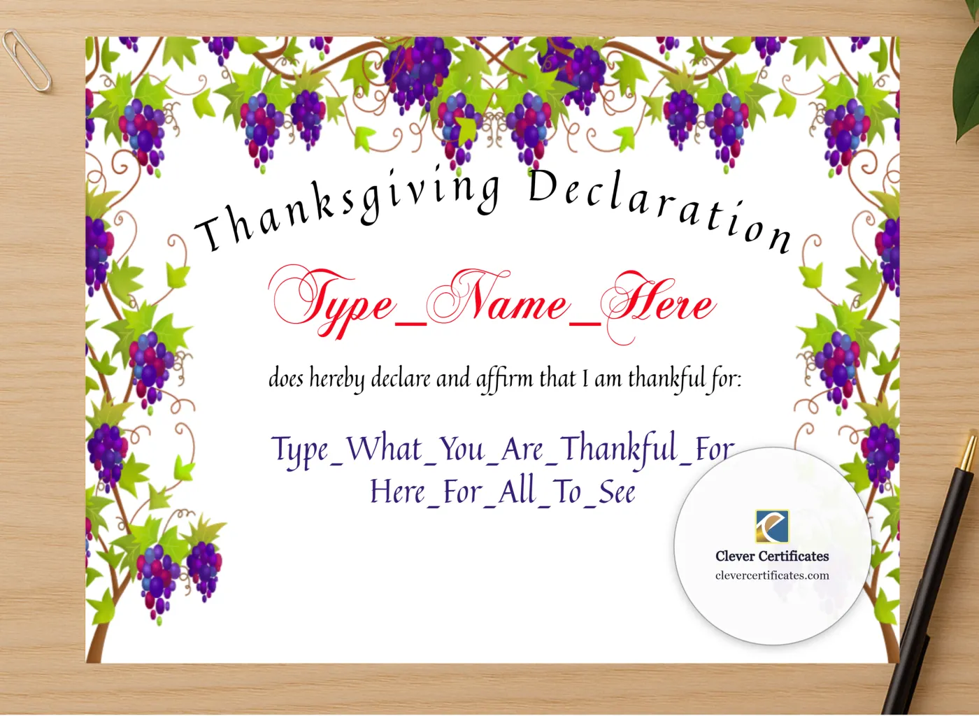Professional preview of Thanksgiving Declaration certificate on high-quality stationery paper, ideal for showcasing the final look.