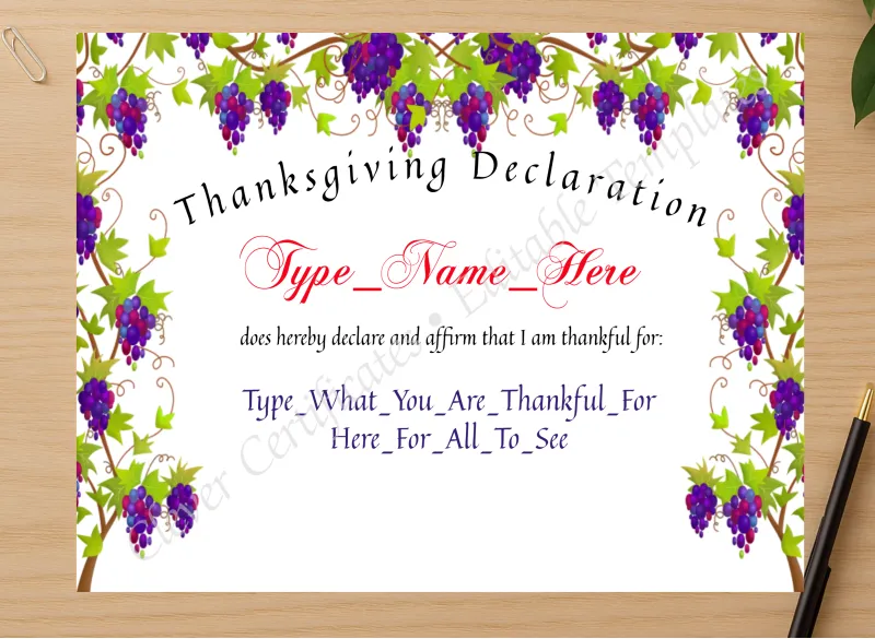 Professional preview of Thanksgiving Declaration certificate on high-quality stationery paper, ideal for showcasing the final look.