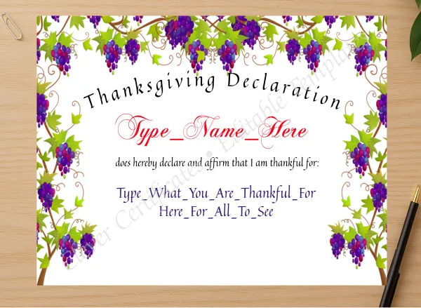 Professional preview of Thanksgiving Declaration certificate on high-quality stationery paper, ideal for showcasing the final look.