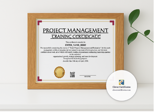 Realistic mockup featuring Project Management Training Certificate displayed within a modern frame, set against a minimalistic background.