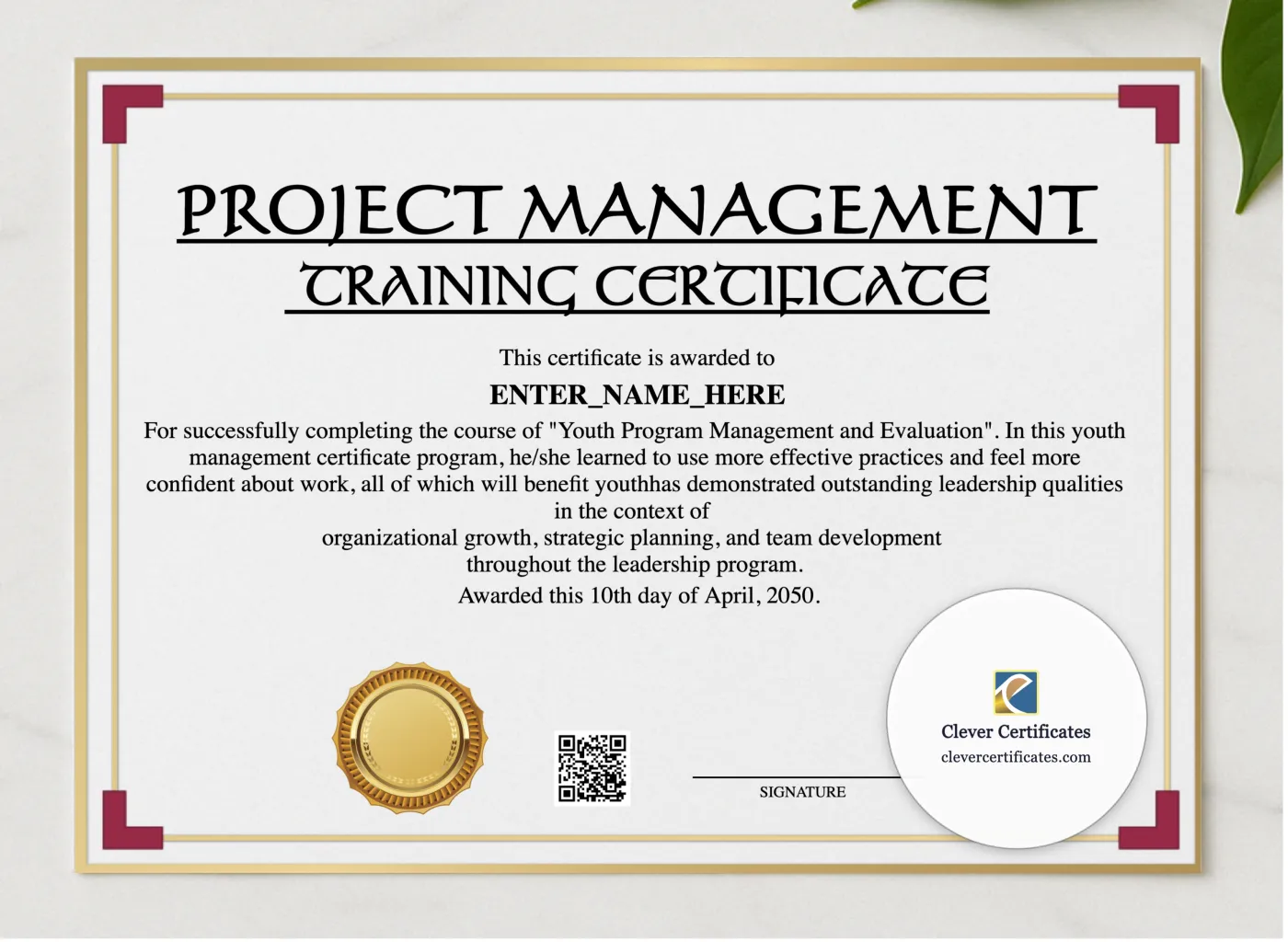 Project Management Training Certificate presented in a sleek wooden frame, elegantly arranged on a stylish table.