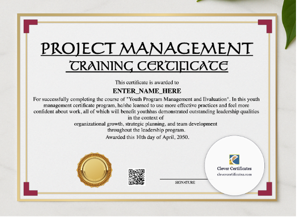 Project Management Training Certificate presented in a sleek wooden frame, elegantly arranged on a stylish table.