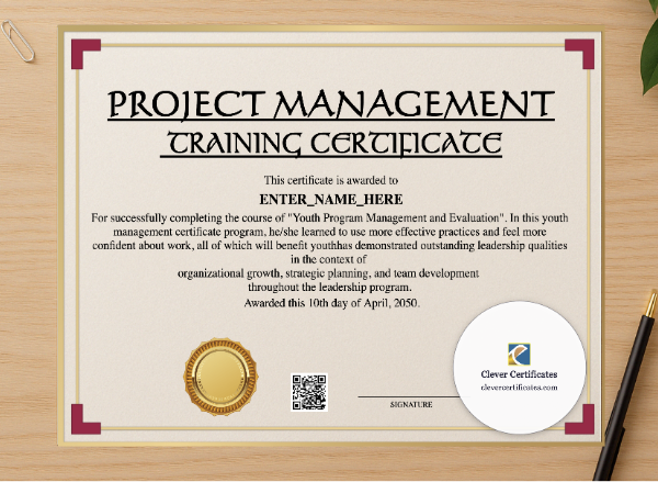 Professional preview of Project Management Training Certificate certificate on high-quality stationery paper, ideal for showcasing the final look.