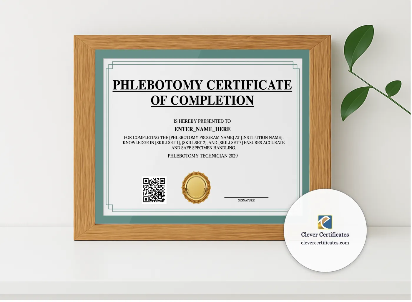 Realistic mockup featuring Phlebotomy Training Certificate displayed within a modern frame, set against a minimalistic background.