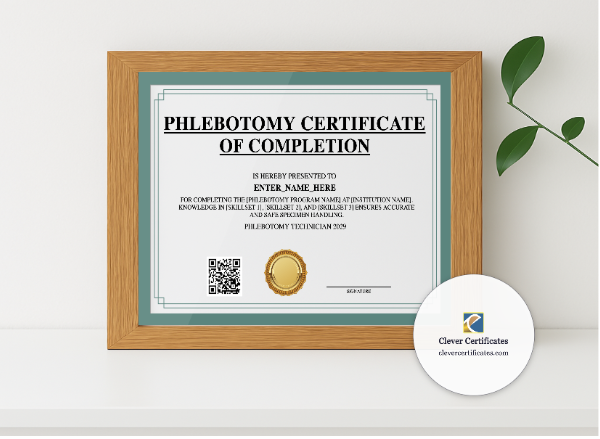 Realistic mockup featuring Phlebotomy Training Certificate displayed within a modern frame, set against a minimalistic background.