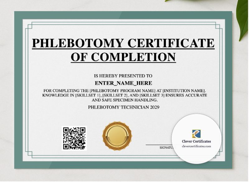 Phlebotomy Training Certificate presented in a sleek wooden frame, elegantly arranged on a stylish table.