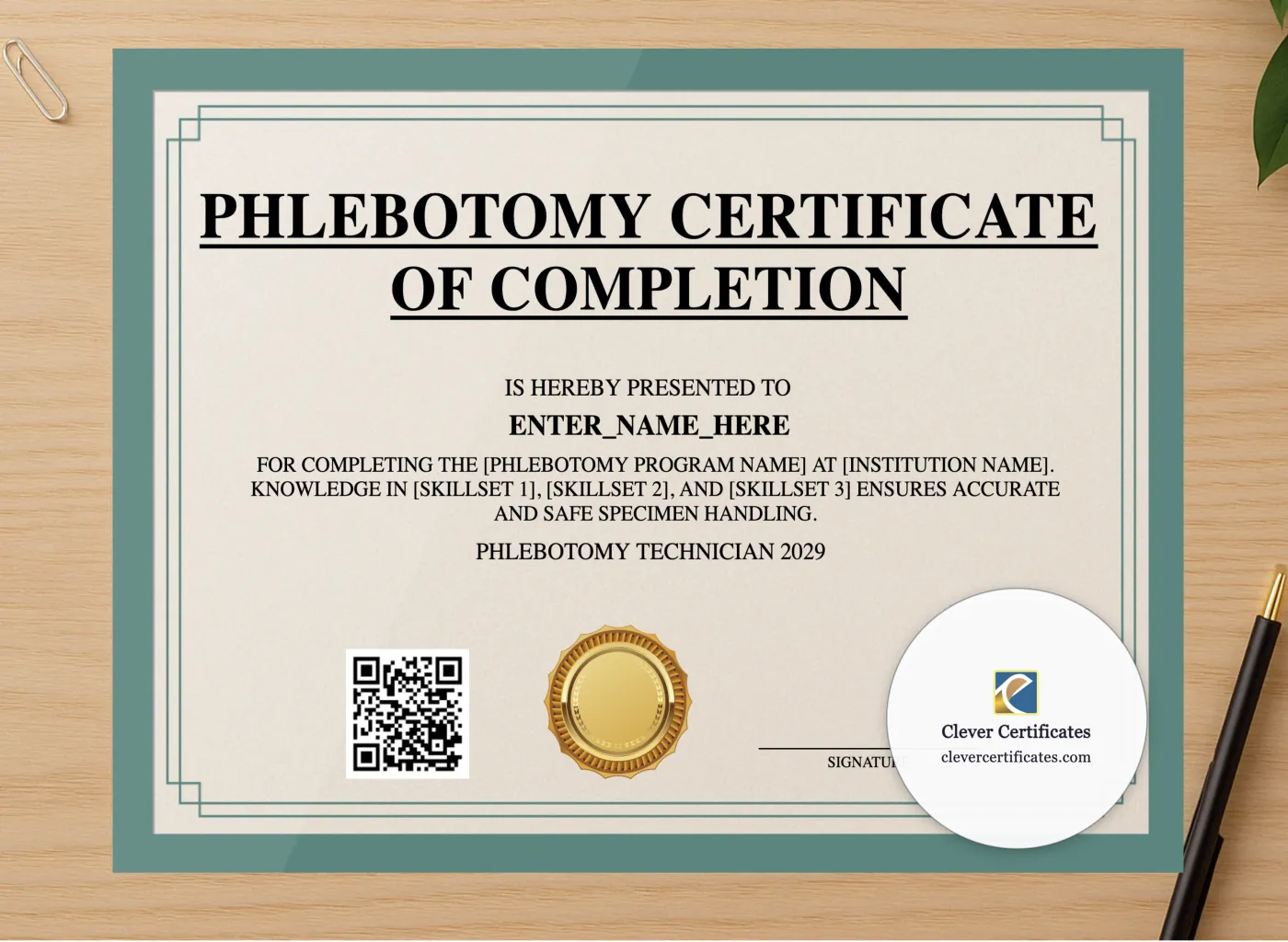 Professional preview of Phlebotomy Training Certificate certificate on high-quality stationery paper, ideal for showcasing the final look.