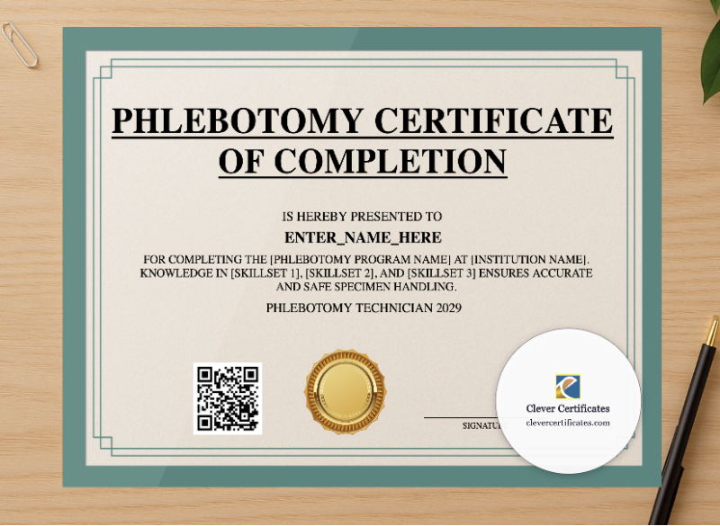 Professional preview of Phlebotomy Training Certificate certificate on high-quality stationery paper, ideal for showcasing the final look.