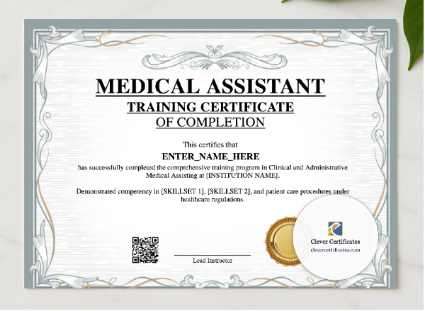 Medical Assistant Training Certificate presented in a sleek wooden frame, elegantly arranged on a stylish table.