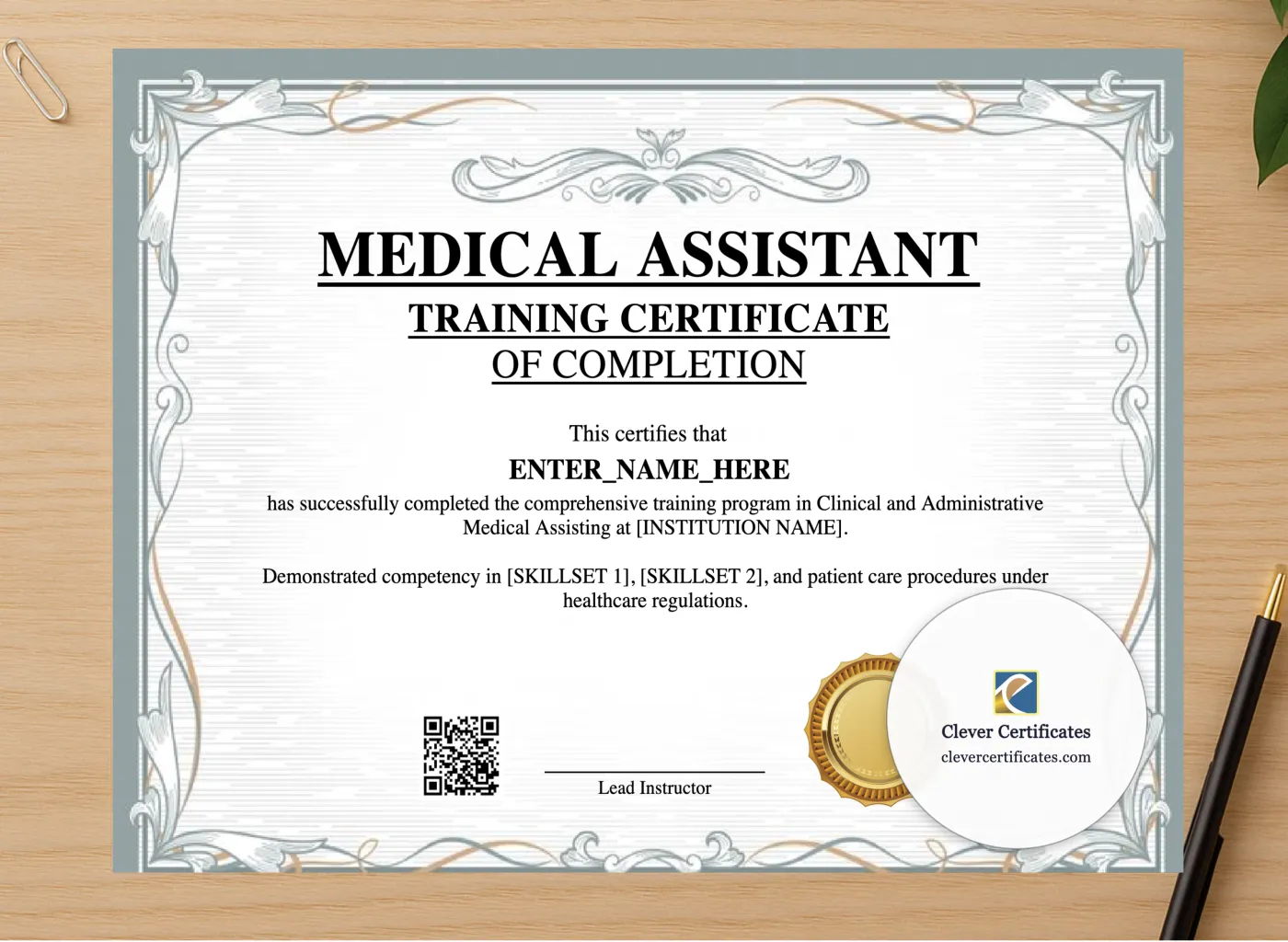 Professional preview of Medical Assistant Training Certificate certificate on high-quality stationery paper, ideal for showcasing the final look.