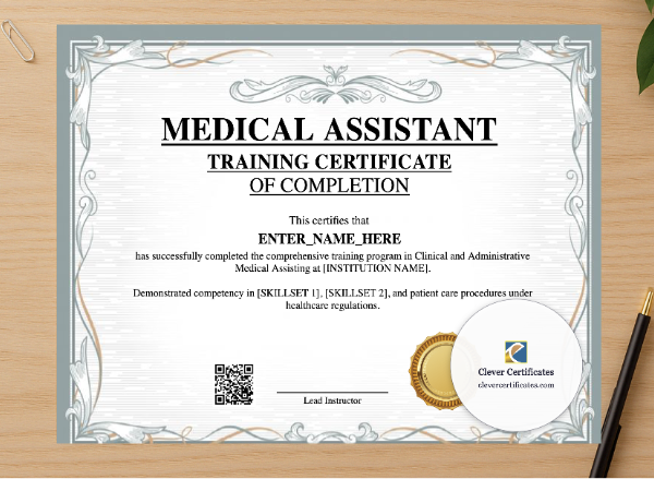 Professional preview of Medical Assistant Training Certificate certificate on high-quality stationery paper, ideal for showcasing the final look.