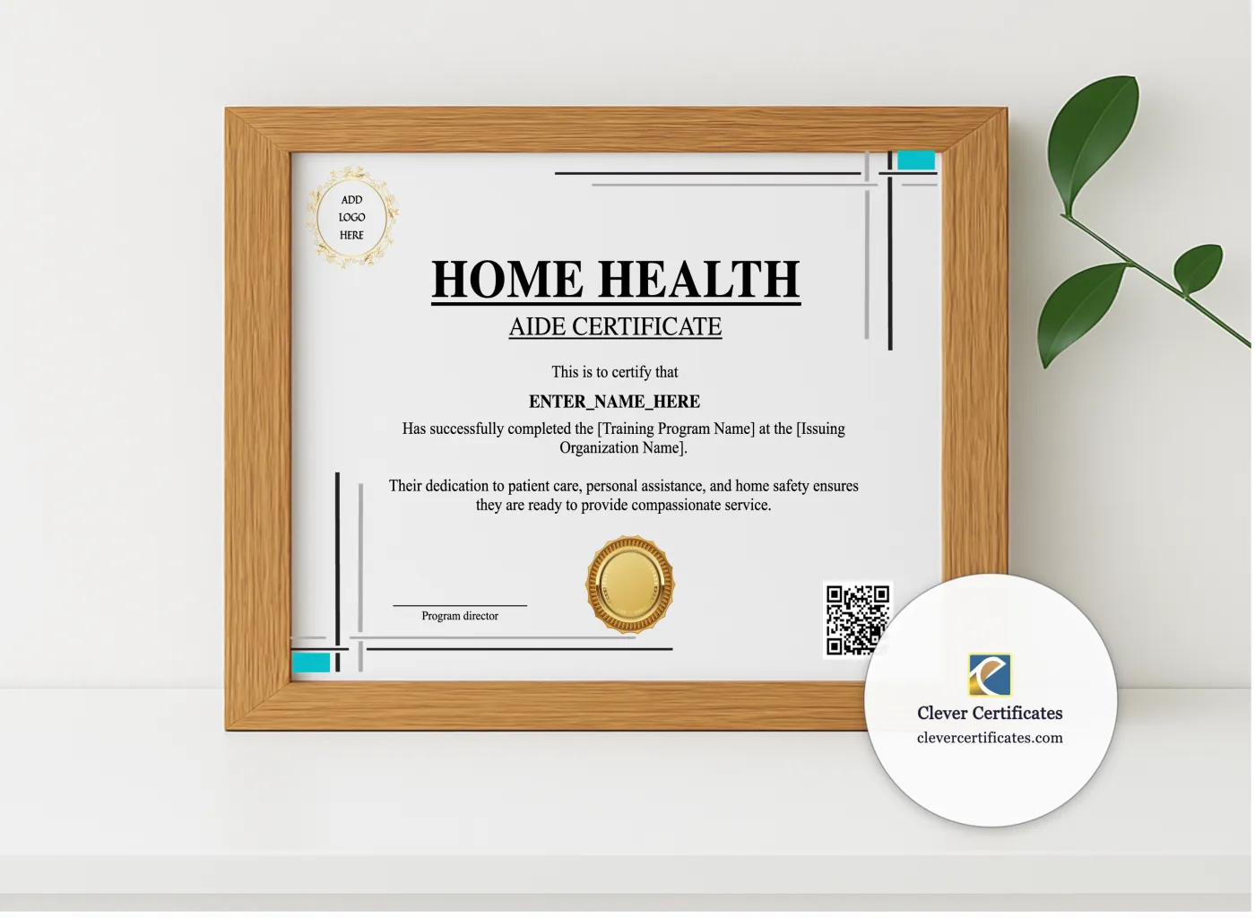 Realistic mockup featuring Home Health Aide Training Certificate displayed within a modern frame, set against a minimalistic background.