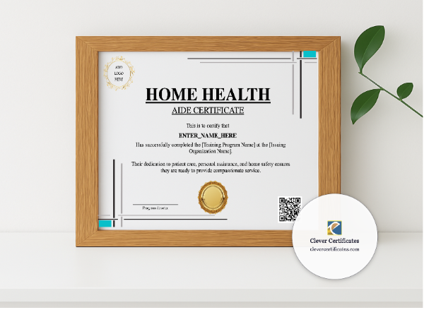 Realistic mockup featuring Home Health Aide Training Certificate displayed within a modern frame, set against a minimalistic background.