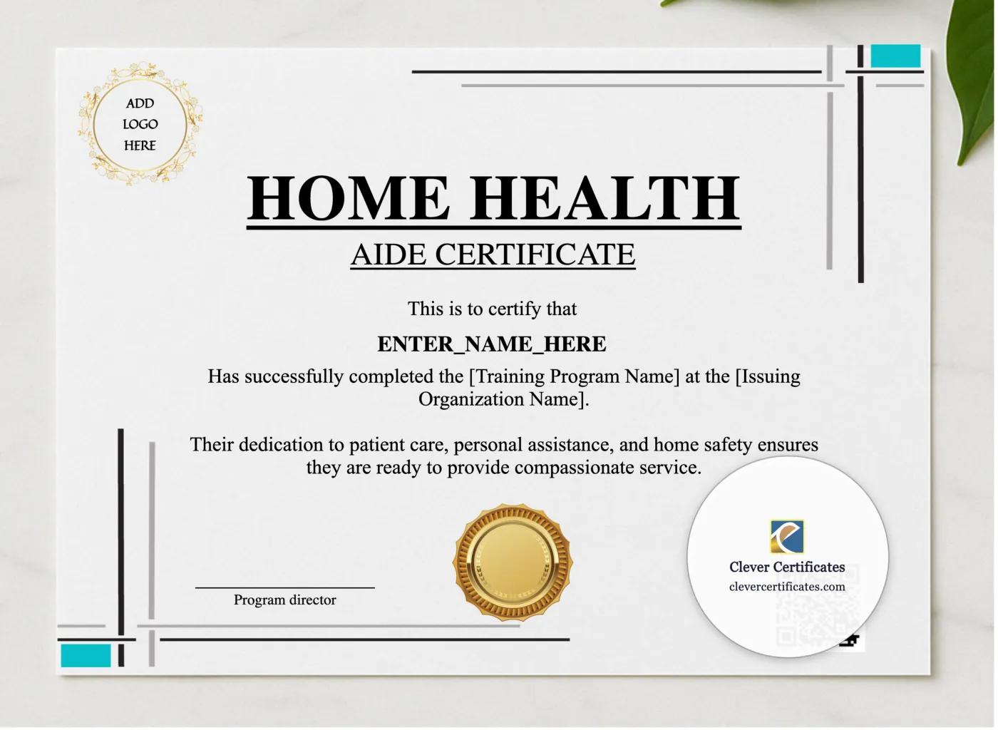 Home Health Aide Training Certificate presented in a sleek wooden frame, elegantly arranged on a stylish table.