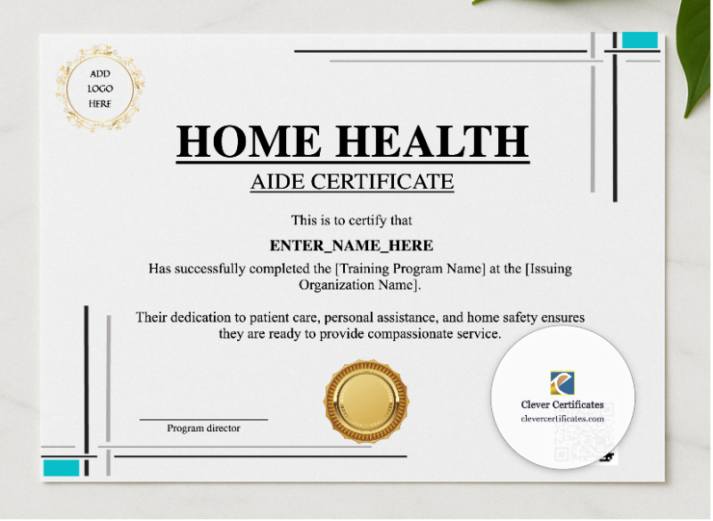 Home Health Aide Training Certificate presented in a sleek wooden frame, elegantly arranged on a stylish table.