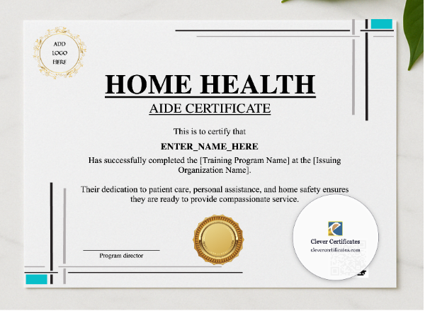 Home Health Aide Training Certificate presented in a sleek wooden frame, elegantly arranged on a stylish table.