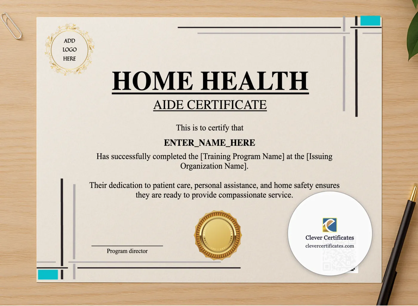 Professional preview of Home Health Aide Training Certificate certificate on high-quality stationery paper, ideal for showcasing the final look.