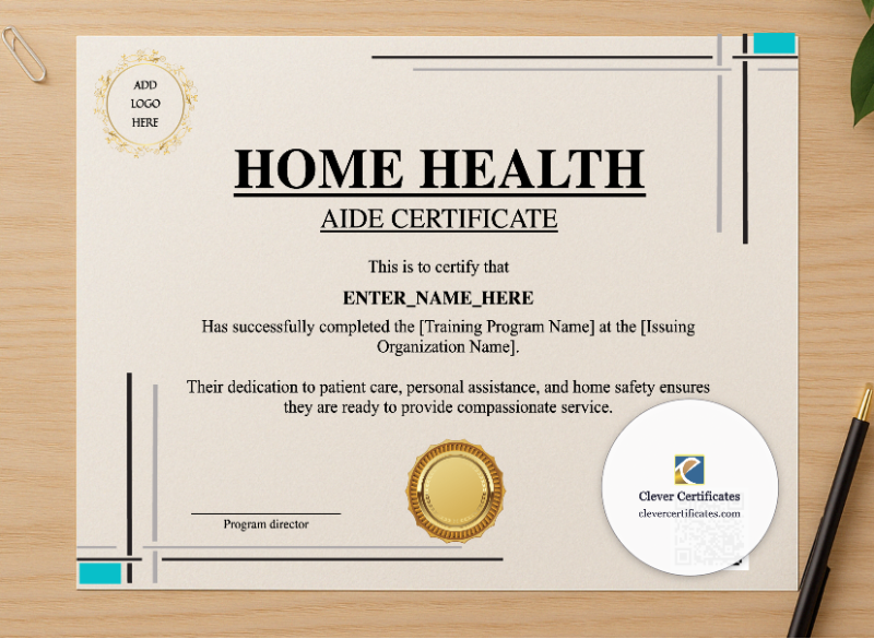 Professional preview of Home Health Aide Training Certificate certificate on high-quality stationery paper, ideal for showcasing the final look.
