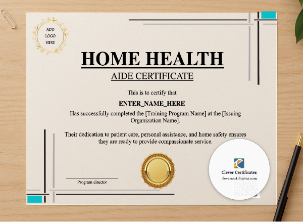 Professional preview of Home Health Aide Training Certificate certificate on high-quality stationery paper, ideal for showcasing the final look.