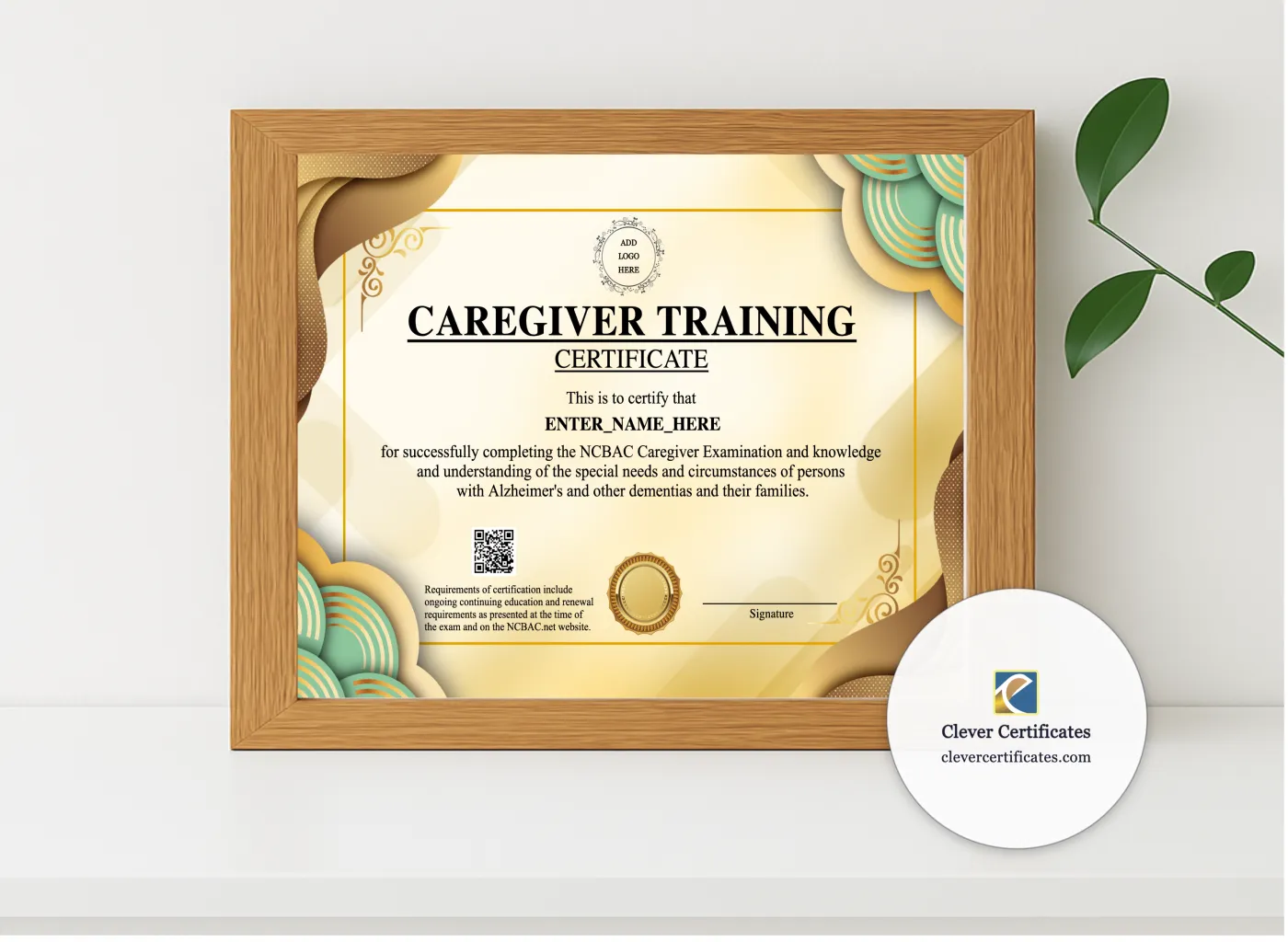 Realistic mockup featuring Caregiver Training Certificate displayed within a modern frame, set against a minimalistic background.