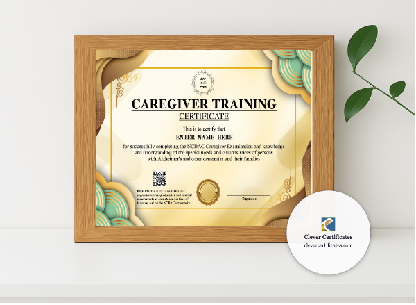 Realistic mockup featuring Caregiver Training Certificate displayed within a modern frame, set against a minimalistic background.