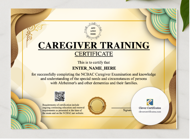 Caregiver Training Certificate presented in a sleek wooden frame, elegantly arranged on a stylish table.