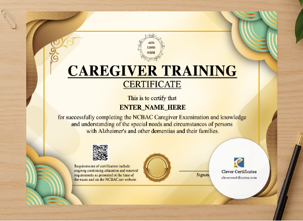 Professional preview of Caregiver Training Certificate certificate on high-quality stationery paper, ideal for showcasing the final look.